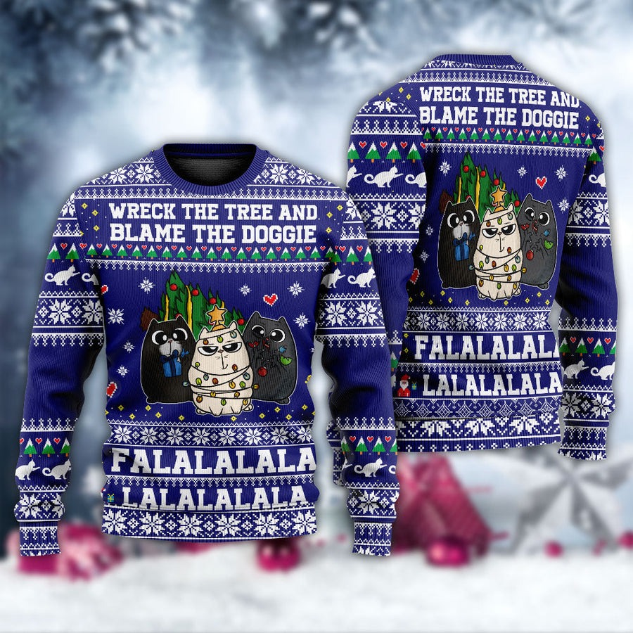 Cat Wreck The Tree Meowy Christmas Style - Sweater - Ugly Christmas Sweaters