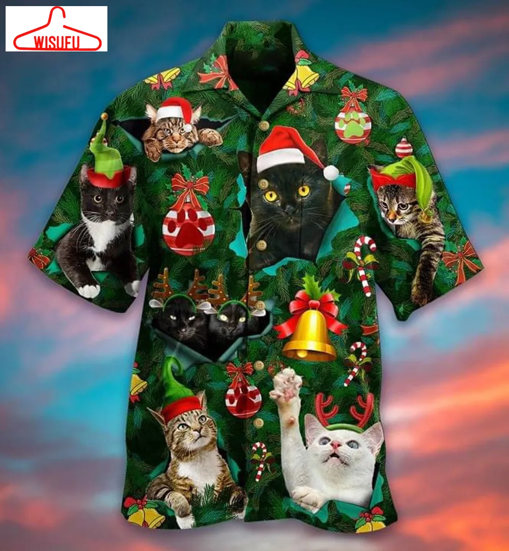 Cats Animal Merry Christmas Print Hawaiian Shirt