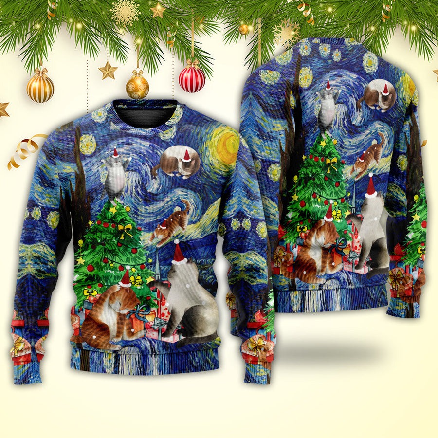 Christmas Cat Playing In Starry Night - Sweater - Ugly Christmas Sweaters