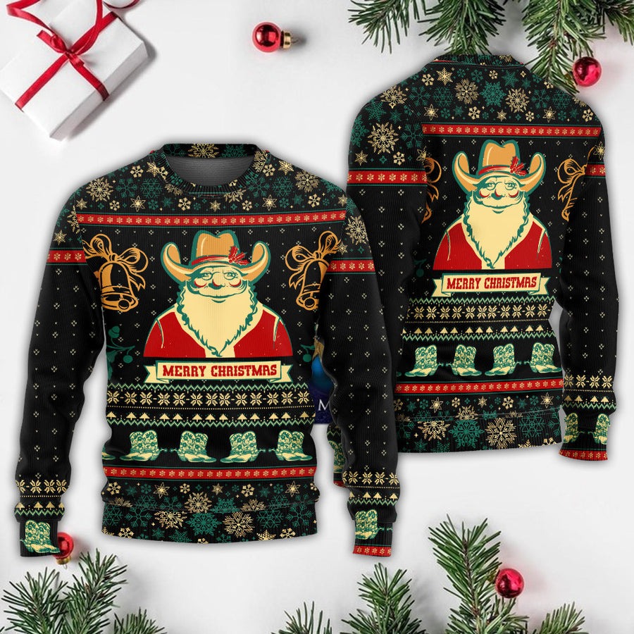 Christmas Cowboy Santa Christmas Old Man - Sweater - Ugly Christmas Sweaters