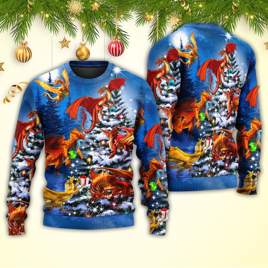 Christmas Dragon Family In Love Light Art Style - Sweater - Ugly Christmas Sweaters