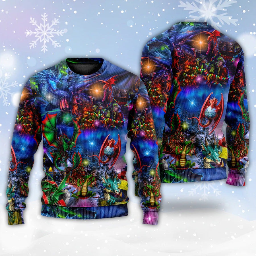 Christmas Dragon Light Art Style - Sweater - Ugly Christmas Sweaters