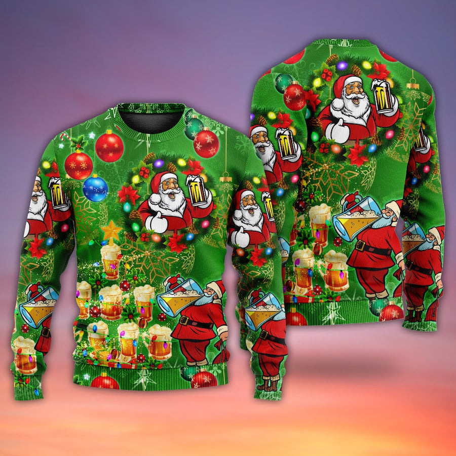 Christmas Funny Santa Claus Drinking Beer Happy Christmas Tree Green Light - Sweater - Ugly Christmas Sweaters