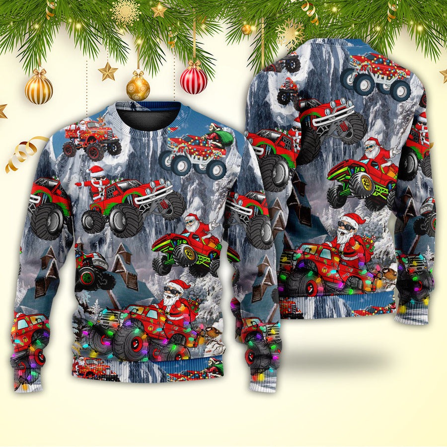 Christmas Funny Santa Claus Riding Red Truck Snow Mountain - Sweater - Ugly Christmas Sweaters