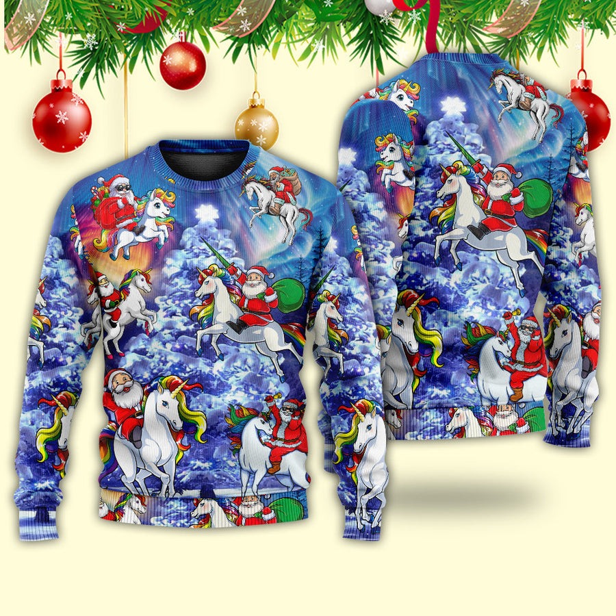 Christmas Funny Santa Claus Riding Unicorn Rainbow Sky Night - Sweater - Ugly Christmas Sweaters