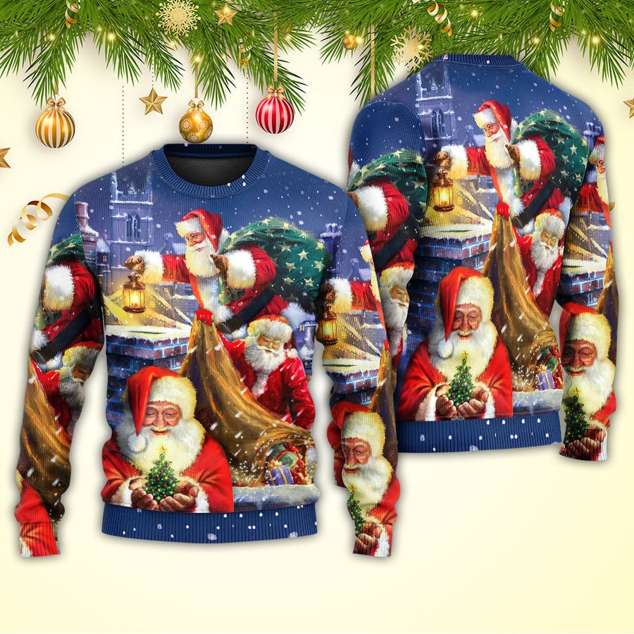 Christmas Funny Santa Claus Up On Rooftop Art Style - Sweater - Ugly Christmas Sweaters