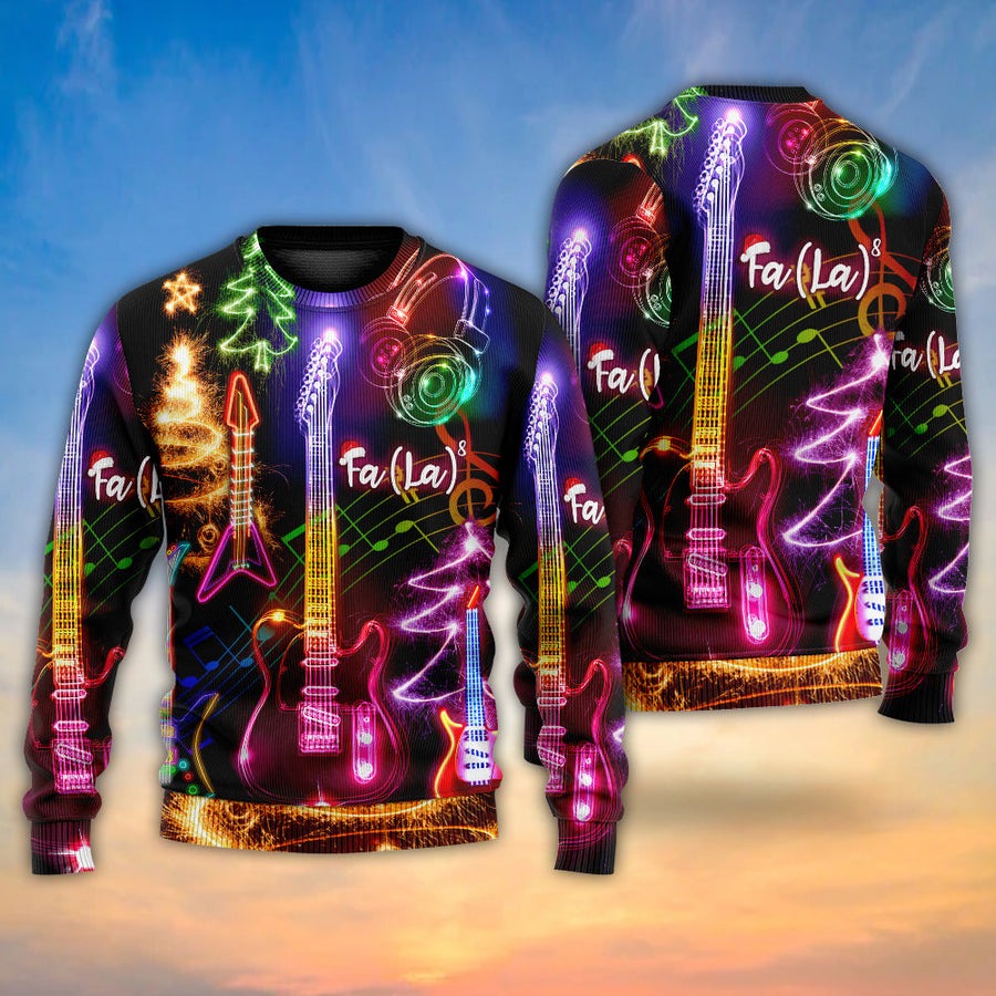 Christmas Guitar Tree Happy Glow Light Style - Sweater - Ugly Christmas Sweaters