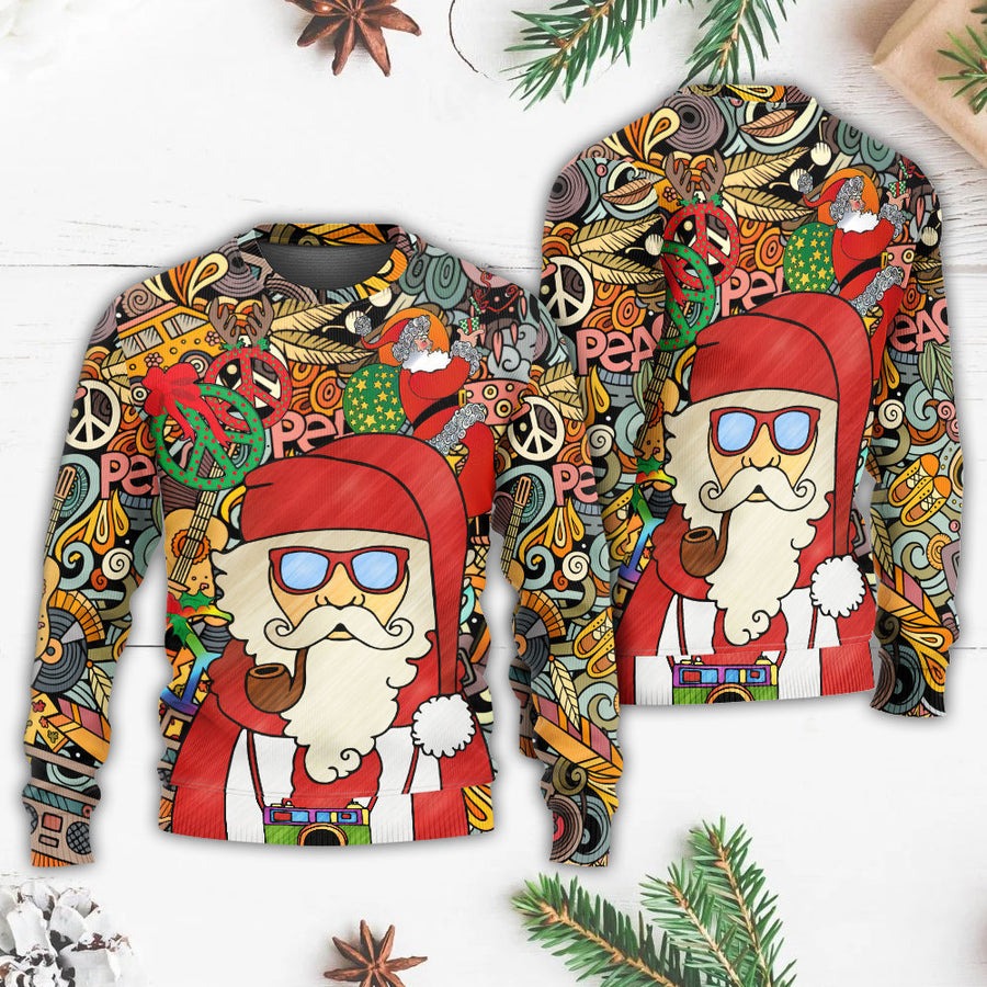 Christmas Hippie Santa Claus Love & Peace Cartoon Style - Sweater - Ugly Christmas Sweaters