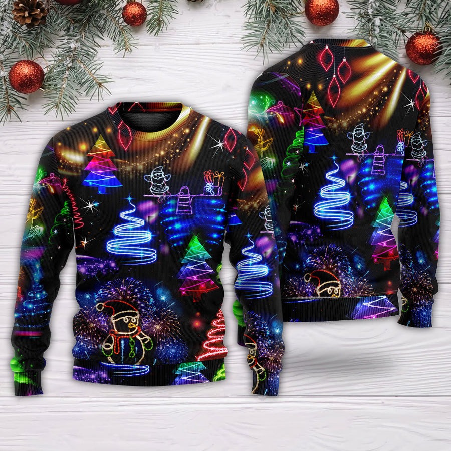 Christmas Neon Art Santa And Snowman - Sweater - Ugly Christmas Sweaters