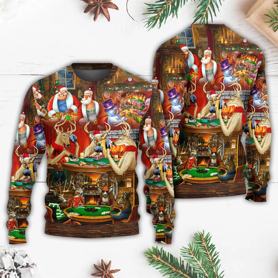 Christmas Poker Gambling Santa And Friends Play Poker - Sweater - Ugly Christmas Sweaters