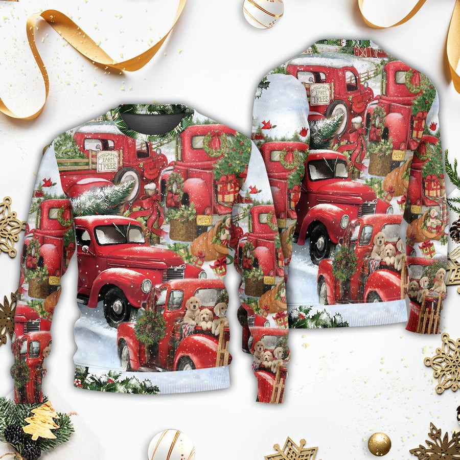 Christmas Red Truck With Xmas Tree And Little Puppy - Sweater - Ugly Christmas Sweaters