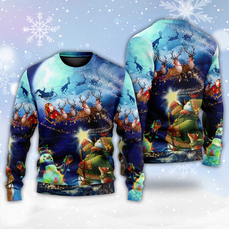 Christmas Rudolph Santa Claus Reindeer Snowman Light Art Style - Sweater - Ugly Christmas Sweaters