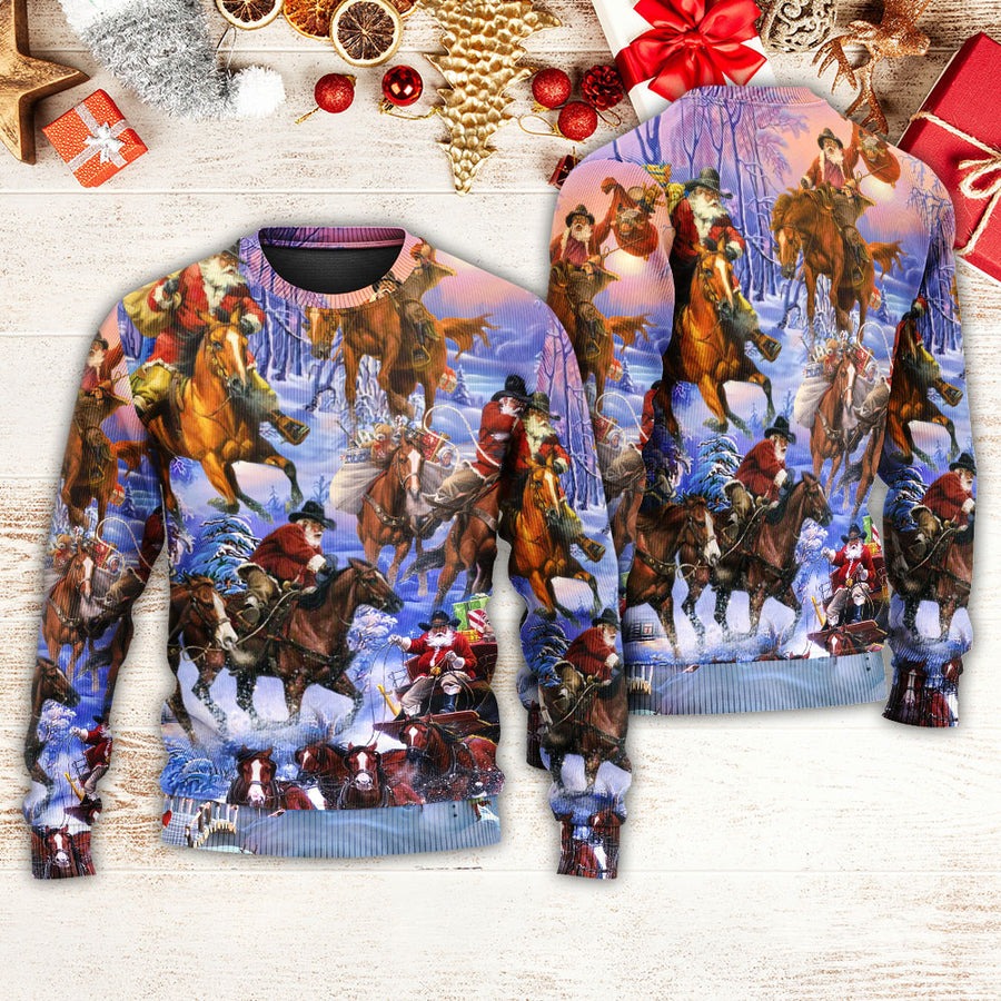 Christmas Santa And Horse Ho Ho Ho Everywhere Merry Xmas - Sweater - Ugly Christmas Sweaters