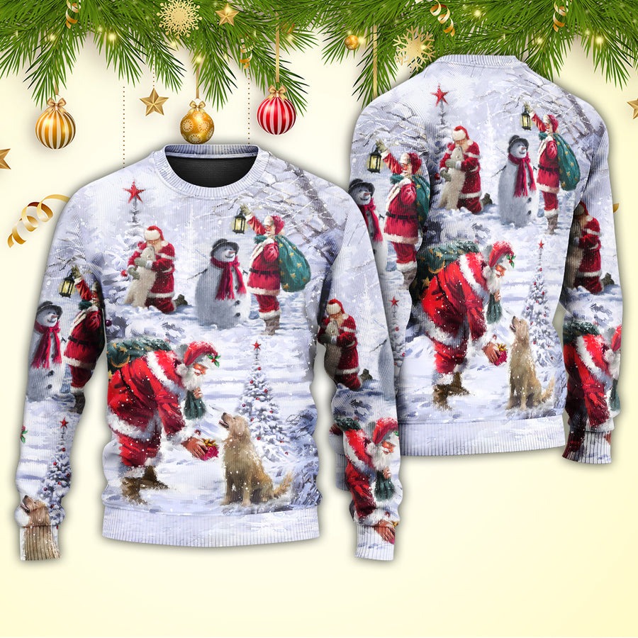 Christmas Santa Claus Chilling With Animal Snowman Happy Xmas Art Style - Sweater - Ugly Christmas Sweaters