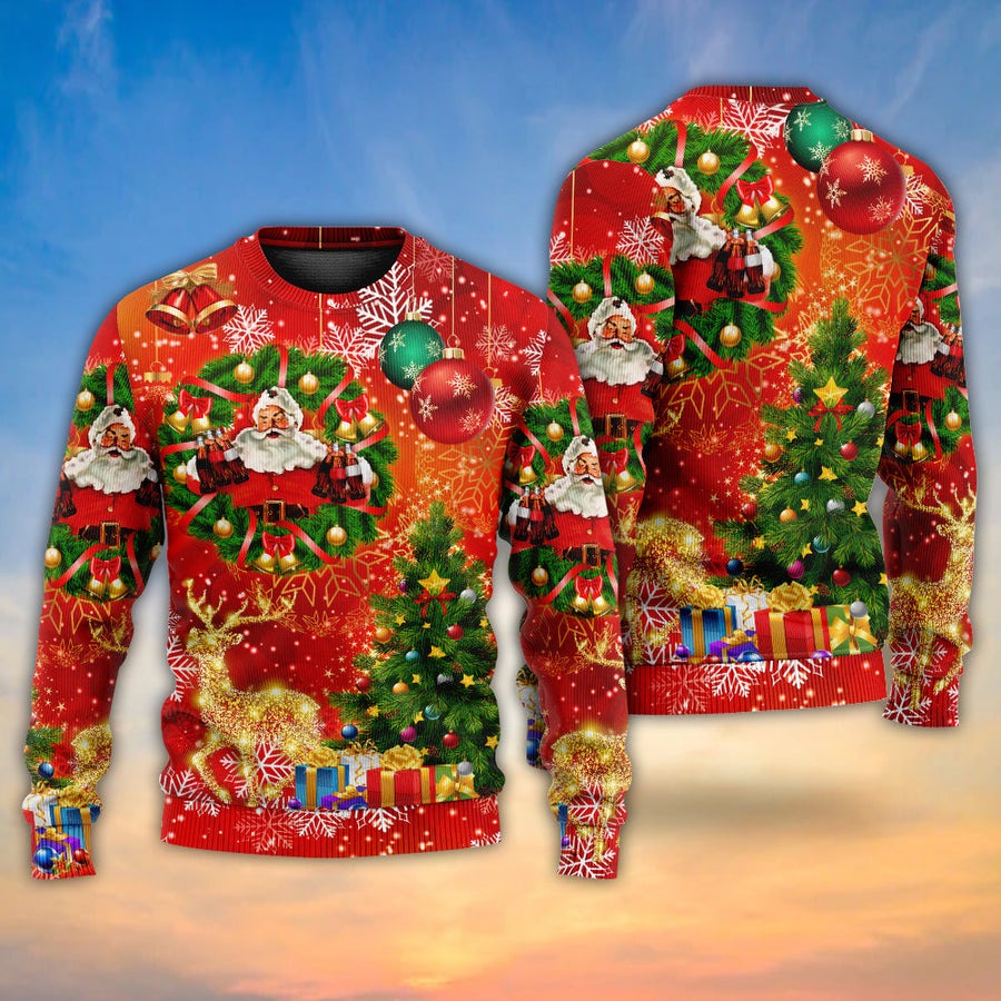 Christmas Santa Claus Drinking Christmas Tree Red Light - Sweater - Ugly Christmas Sweaters