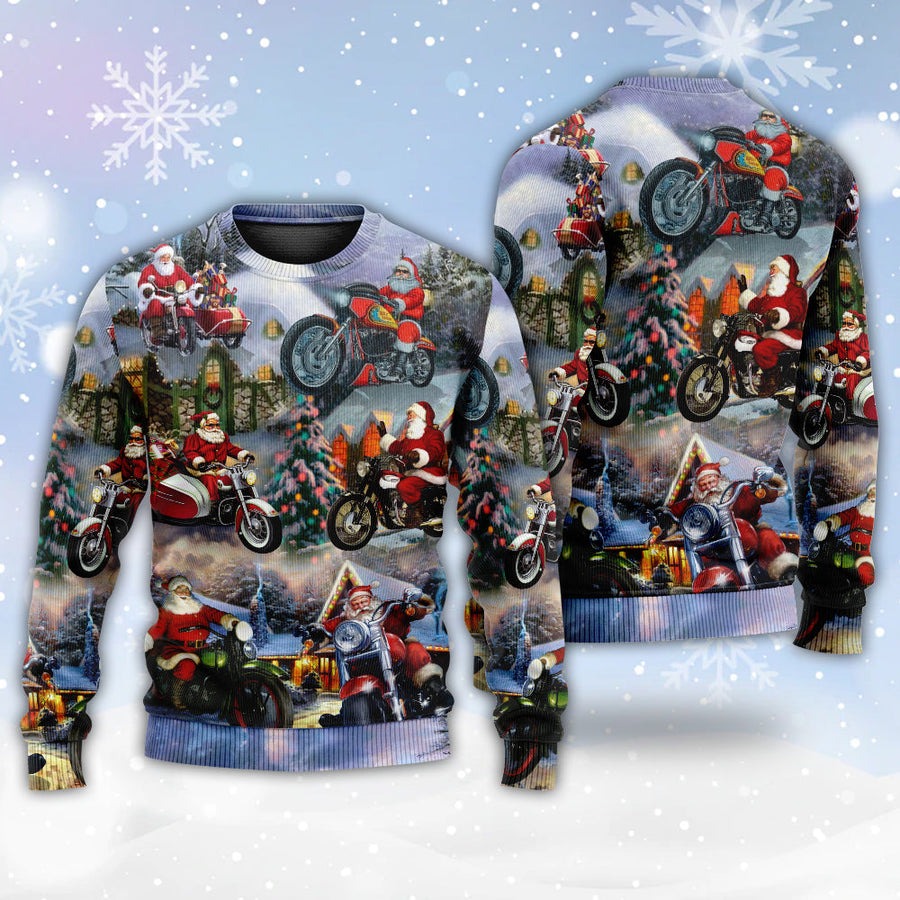 Christmas Santa Claus Driving Motorcycle Bike Gift Light Art Style - Sweater - Ugly Christmas Sweaters