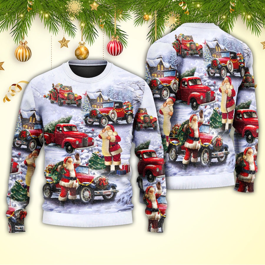 Christmas Santa Claus Funny Red Truck Gift For Xmas Painting Style - Sweater - Ugly Christmas Sweaters