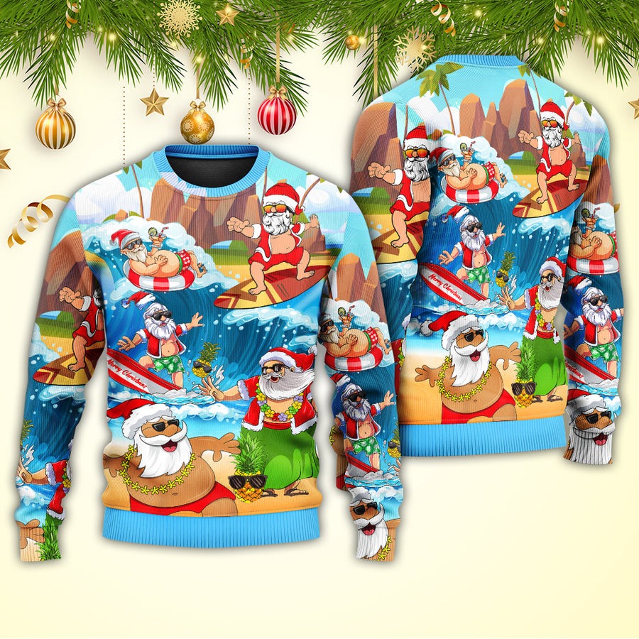 Christmas Santa Claus Play On The Beach Mele Kalikimaka Funny - Sweater - Ugly Christmas Sweaters