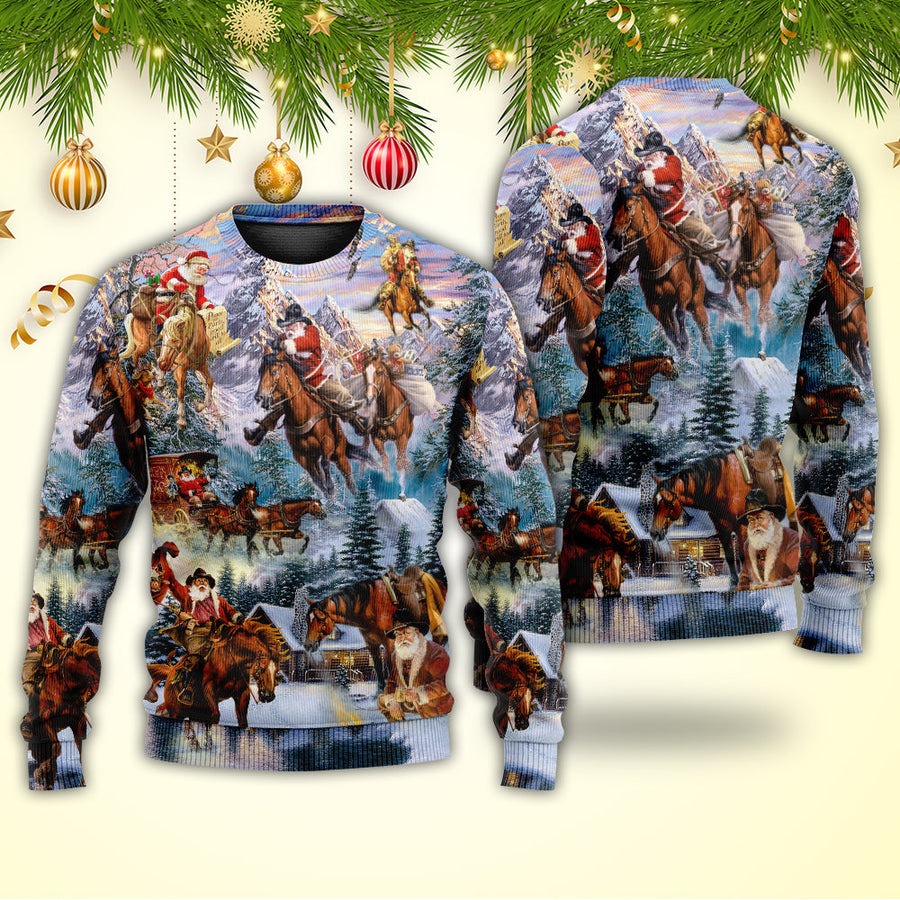 Christmas Santa Claus Riding Horse Snow Mountain Art Style - Sweater - Ugly Christmas Sweaters