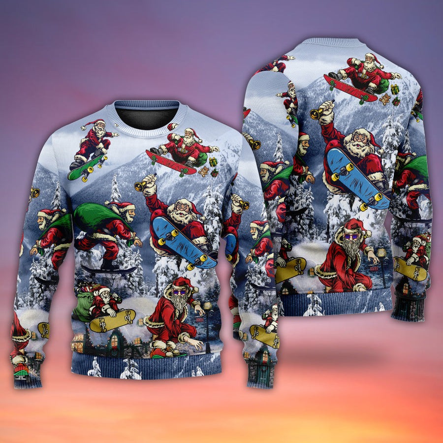 Christmas Santa Claus Skateboarding Snow Mountain Gift Light Art Style - Sweater - Ugly Christmas Sweaters