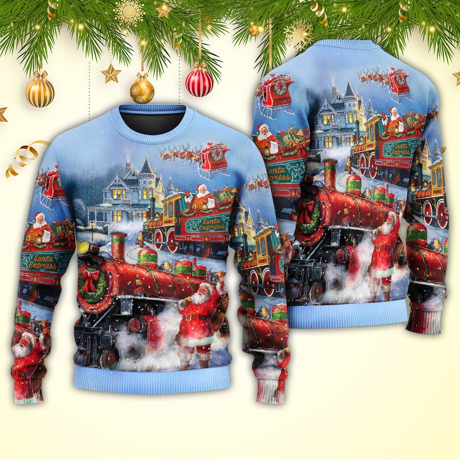 Christmas Santa Claus Train Gift For Xmas Painting Style - Sweater - Ugly Christmas Sweaters