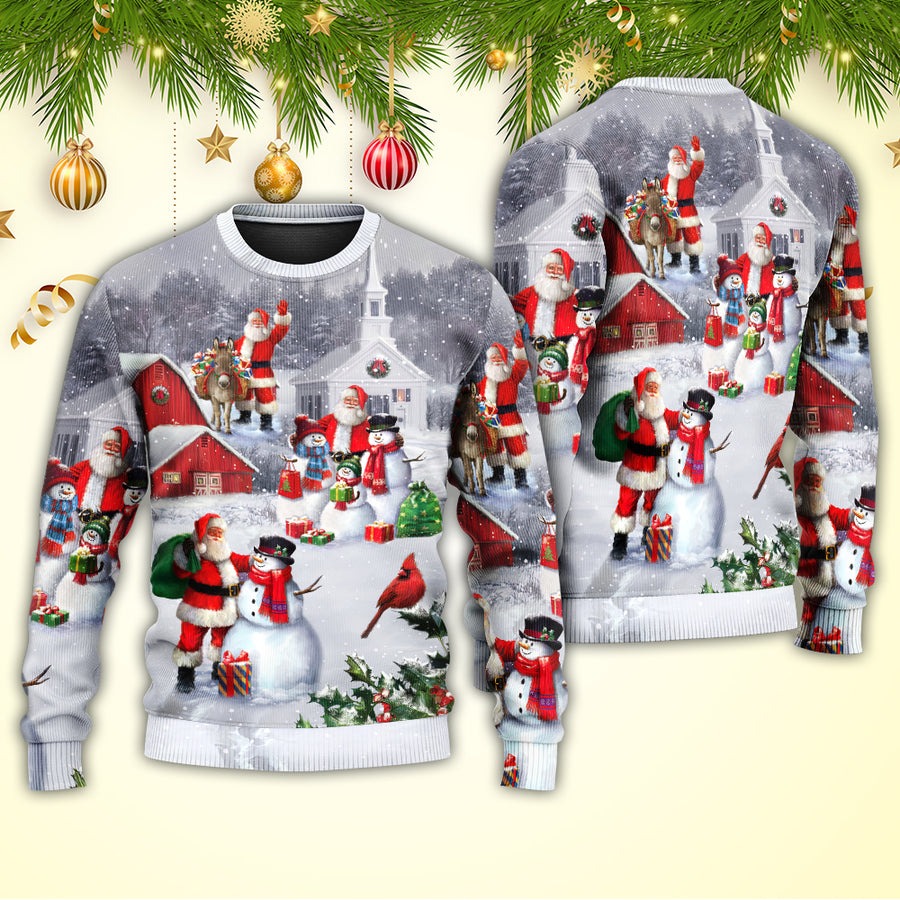 Christmas Santa Claus With Snowman Family In The Town Art Style - Sweater - Ugly Christmas Sweaters