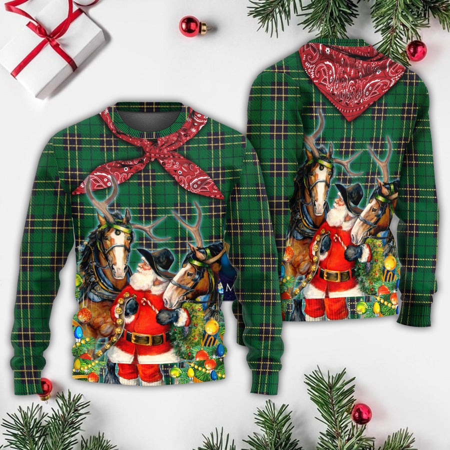 Christmas Santa Cowboy Christmas Green Style - Sweater - Ugly Christmas Sweaters