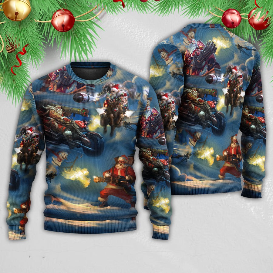 Christmas Santa Gun Fight In Xmas - Sweater - Ugly Christmas Sweaters