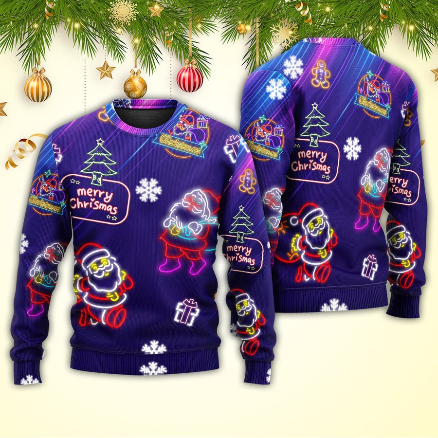 Christmas Santa Neon Light Xmas Party - Sweater - Ugly Christmas Sweaters