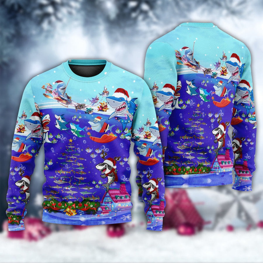 Christmas Santa Shark Sits On Rockets And Brings Gifts To Ocean - Sweater - Ugly Christmas Sweaters