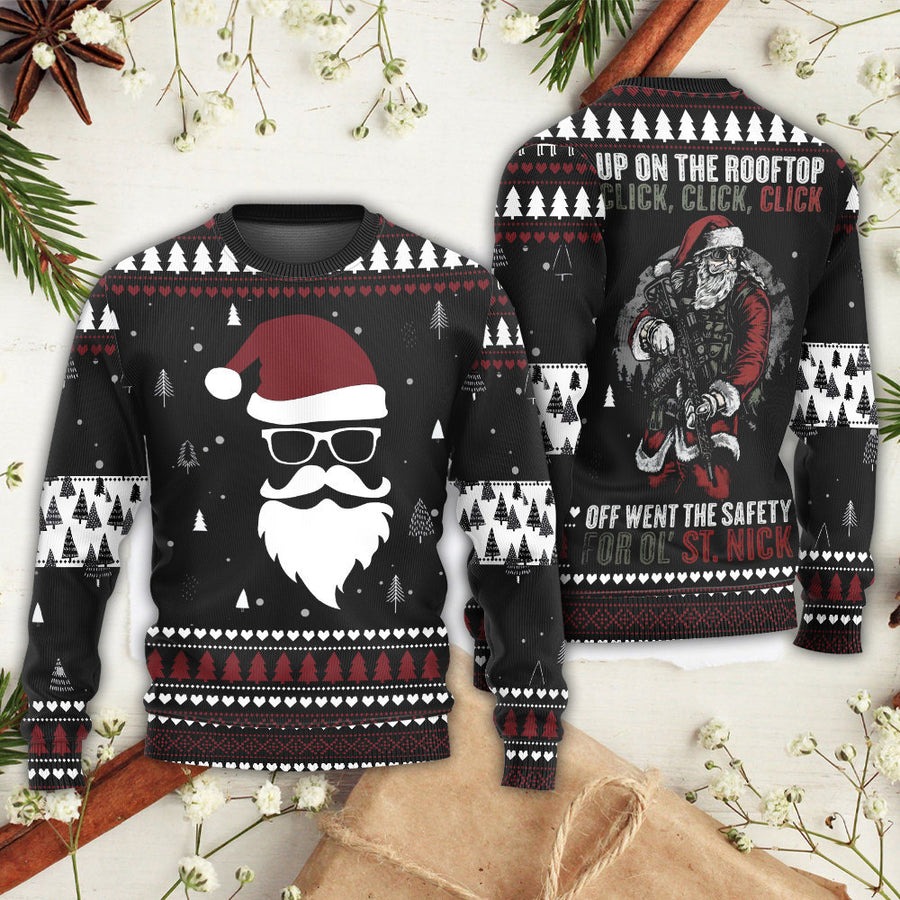 Christmas Santa Up On The Rooftop Click Click Click Santa Claus - Sweater - Ugly Christmas Sweaters