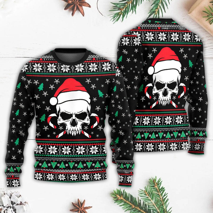 Christmas Skull Wearing Santa Claus Hat And Sweat Candy - Sweater - Ugly Christmas Sweaters