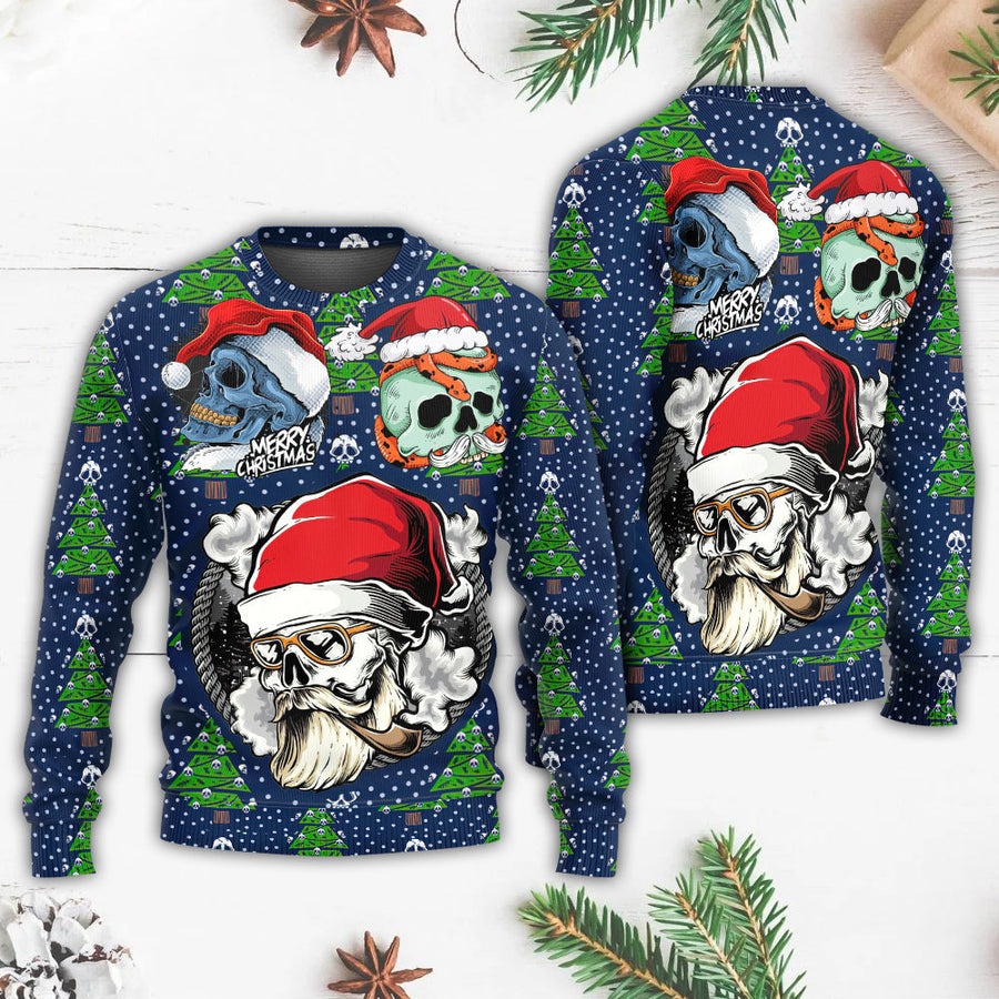 Christmas Skull With Santa Hat Merry Christmas Snow - Sweater - Ugly Christmas Sweaters