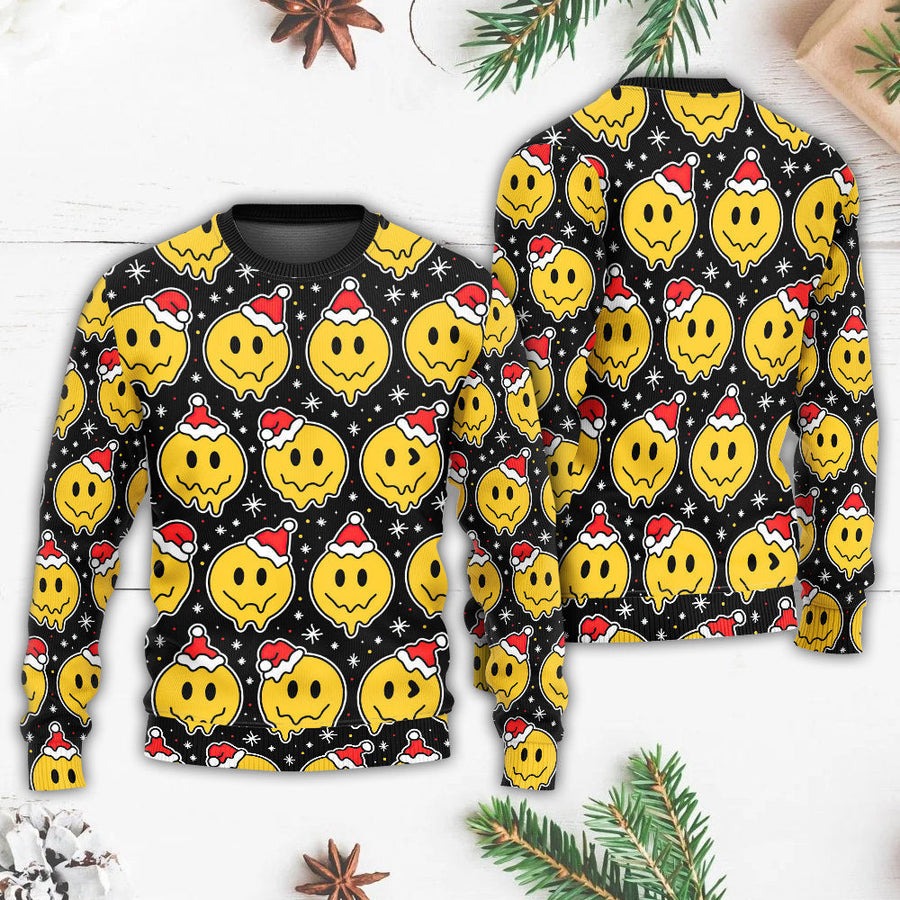 Christmas Smile Happy Face With Santa Hat - Sweater - Ugly Christmas Sweaters