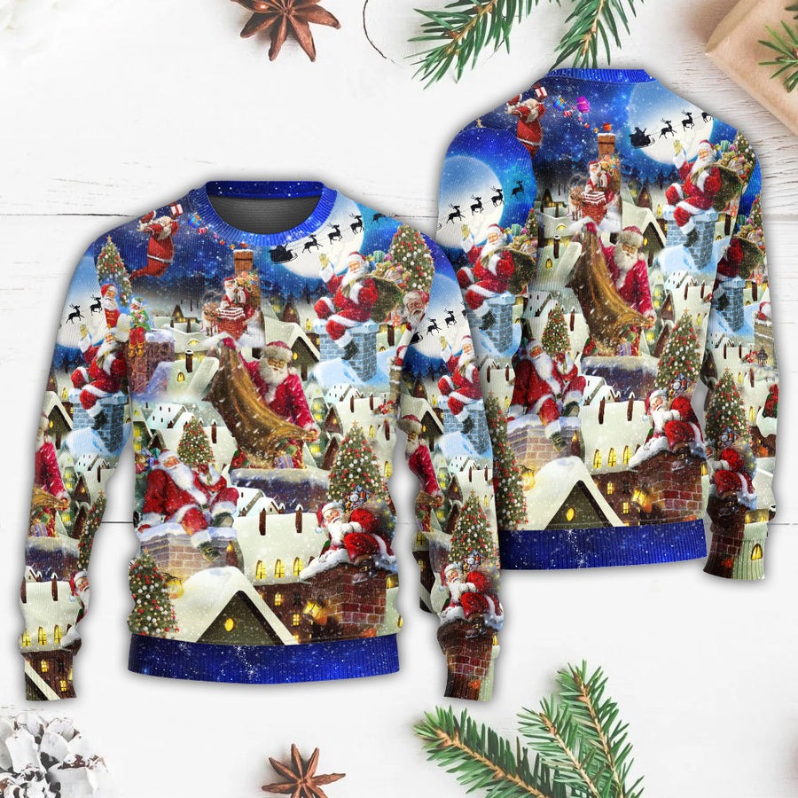 Christmas Up On Rooftop Santa's Busiest Night With Reindeer - Sweater - Ugly Christmas Sweaters