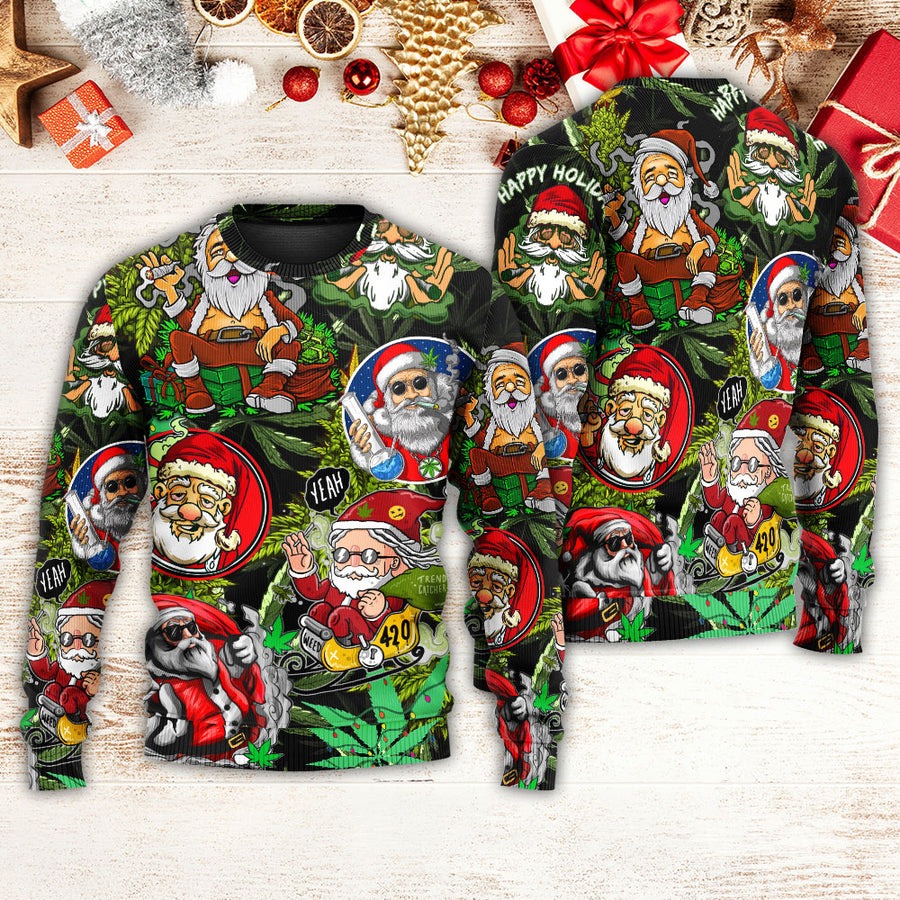 Christmas Weed Smoking Santa Hippie - Sweater - Ugly Christmas Sweaters