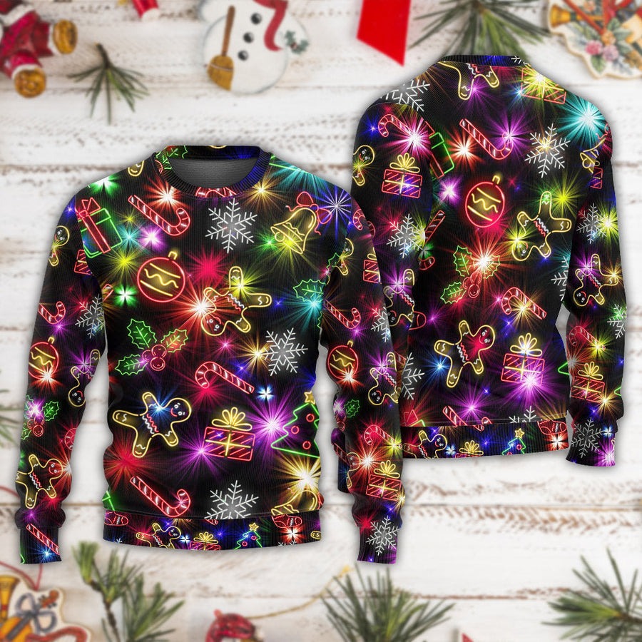 Christmas With Tree And Gift Cookies Gingerbread Man Neon Style New - Sweater - Ugly Christmas Sweaters