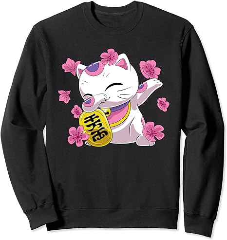 Dabbing Maneki Neko Japanese Lucky Cat and Sakura Flowers Sweatshirt