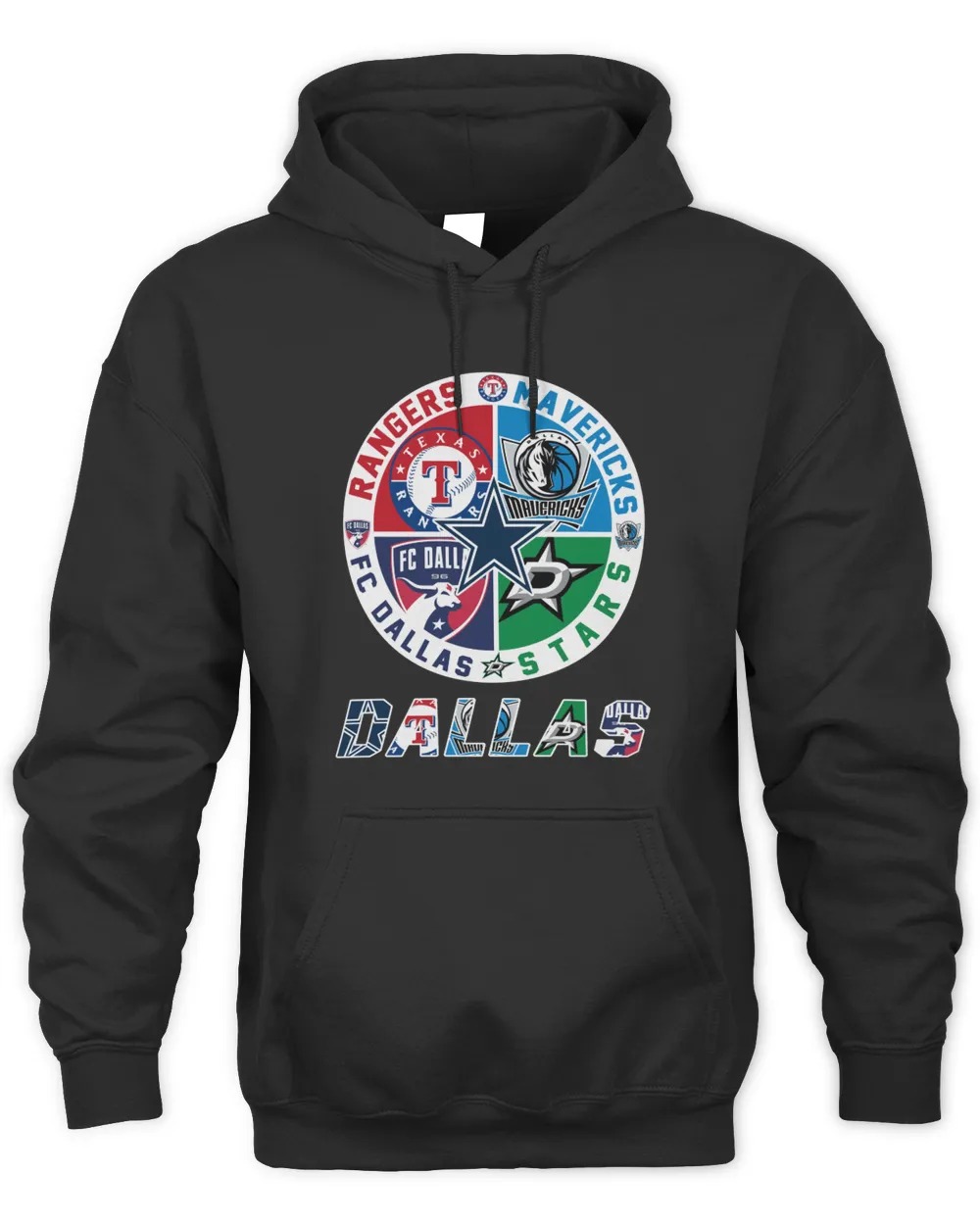 Dallas Sports Teams Rangers Mavericks Stars And Fc Dallas Logo Hoodie-Black