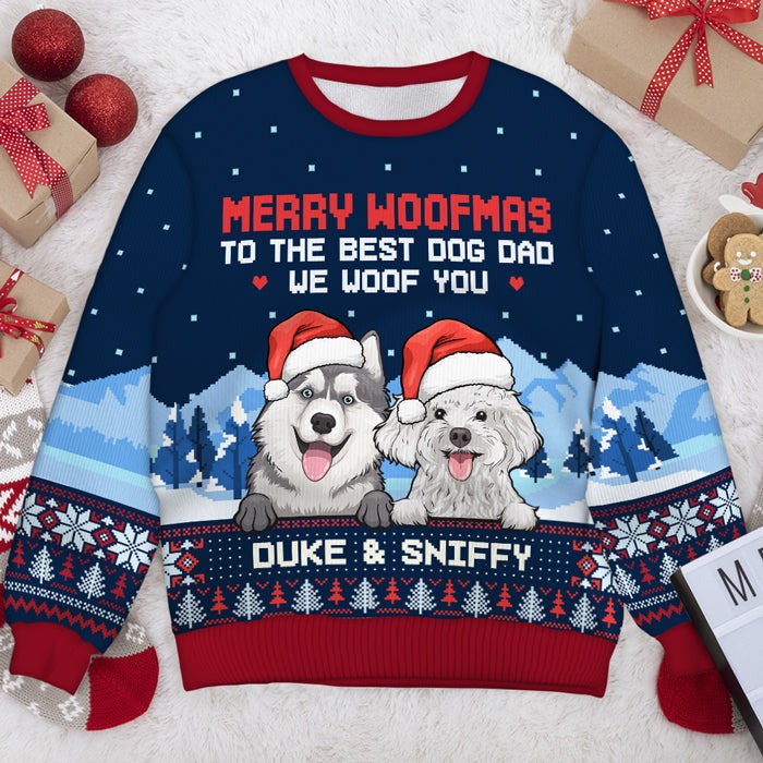 Dear Dog Dad & Dog Mom, We Woof You - Personalized Custom Unisex Ugly Christmas Sweatshirt, Wool Sweatshirt, All-Over-Print Sweatshirt - Gift For Dog Lovers, Pet Lovers, Christmas Gift