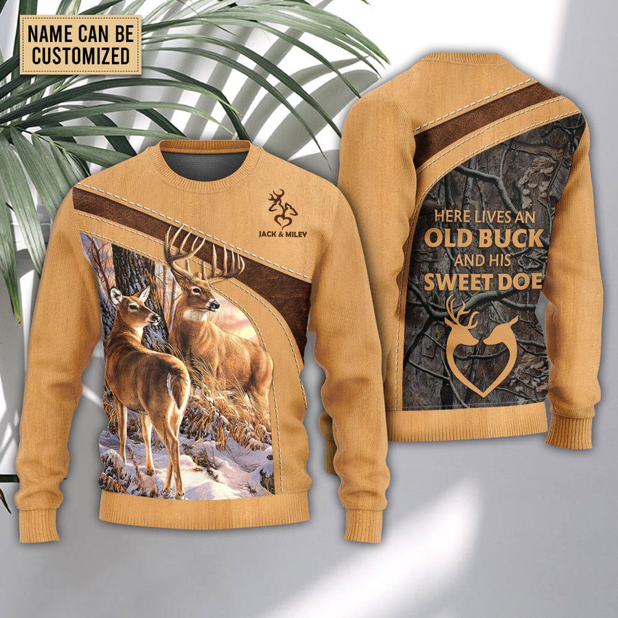 Deer Here Lives An Old Buck And His Sweet Doe Personalized - Sweater - Ugly Christmas Sweaters