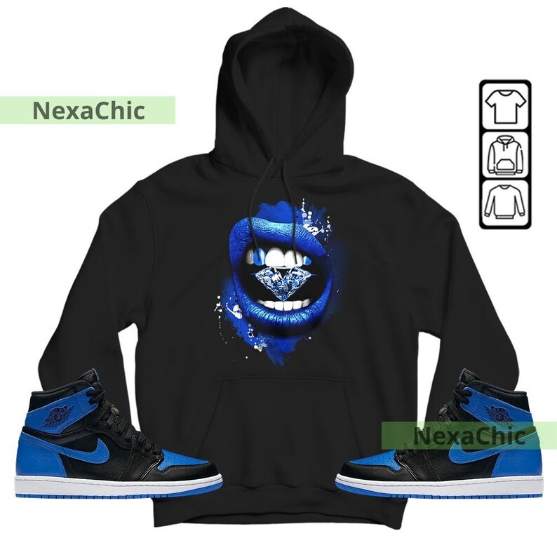 Diamond Lips Unisex Shirt To Match Sneaker Royal Reimagined 1s Hoodie-Black