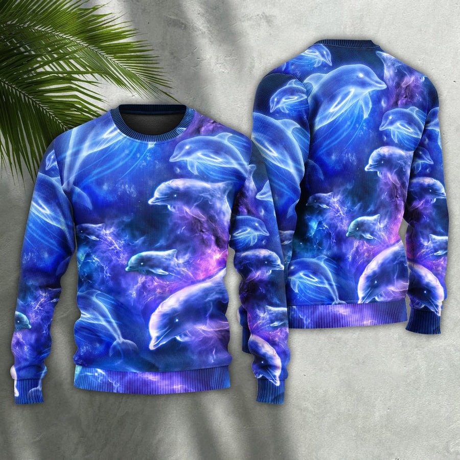 Dolphin Galaxy Neon Glow Style - Sweater - Ugly Christmas Sweaters