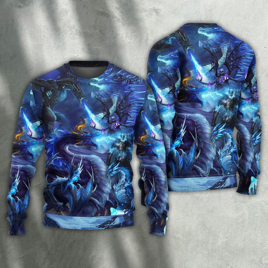 Dragon Blue Skull Fire Lightning Art Style - Sweater - Ugly Christmas Sweaters