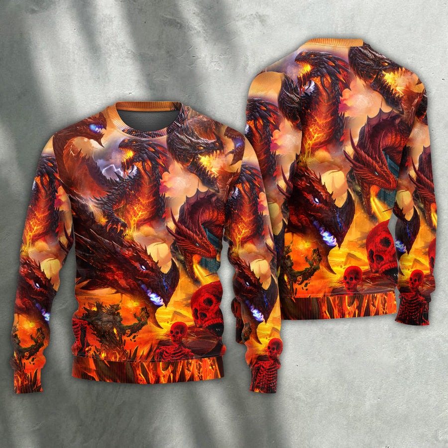 Dragon Red Skull Fire Art Style - Sweater - Ugly Christmas Sweaters