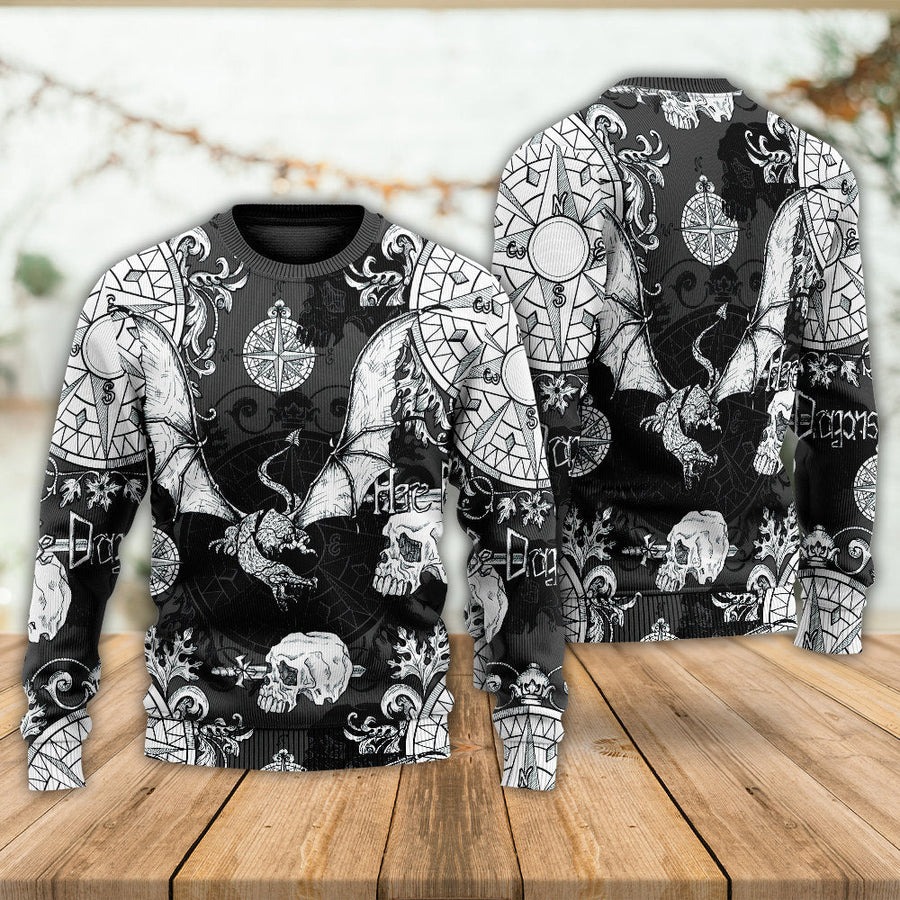 Dragon Snorting Fire Gothic Nautical Compass And Baroque - Sweater - Ugly Christmas Sweaters