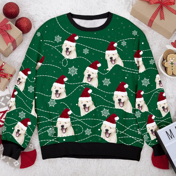 Enjoy Christmas With Your Pet Green Style With Little Snowflakes - Dog & Cat Personalized Custom Ugly Sweatshirt - Unisex Wool Jumper - Upload Image, Christmas Gift For Pet Owners, Pet Lovers