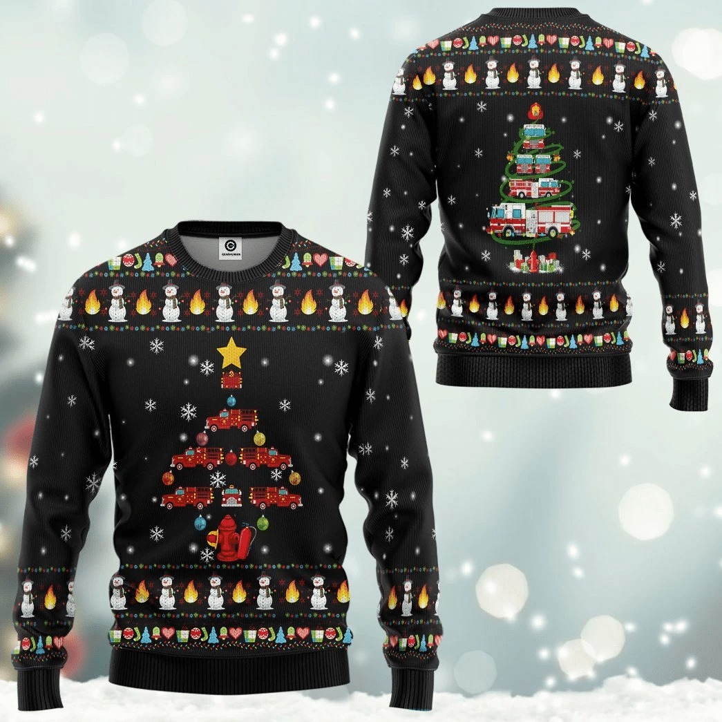 Firefighter Truck Tree Ugly Christmas Sweater