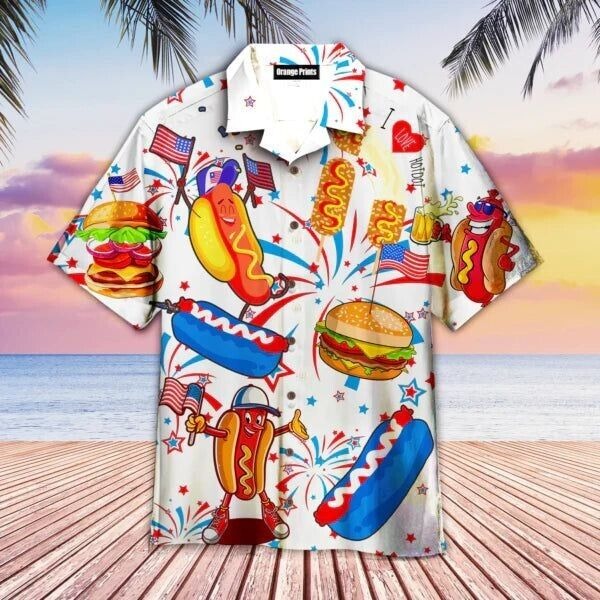 Funny American Hot Dog 4Th Of July Independence D Hawaiian Shirt, S-5XL US Size