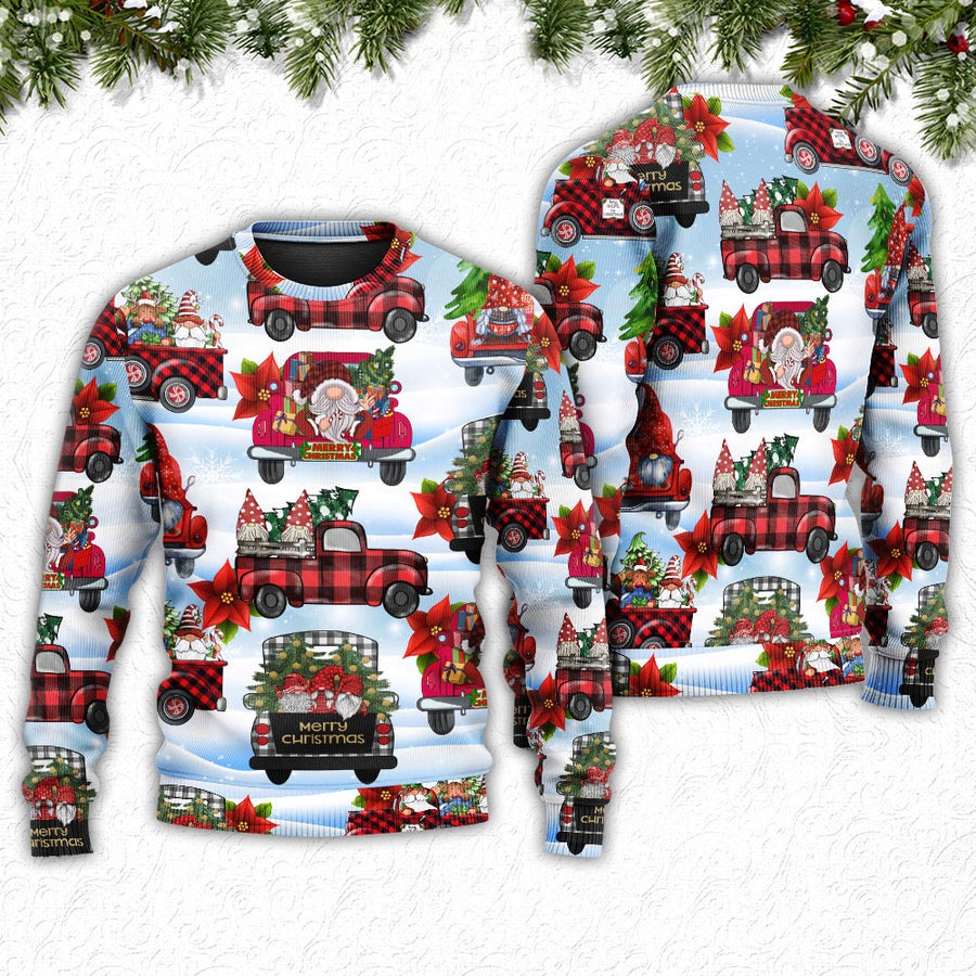 Gnome And Christmas Truck Merry Xmas - Sweater - Ugly Christmas Sweaters